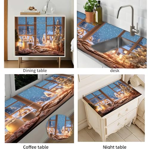 Image of Christmas Desktop Sticker 39.37x23.62In, Cozy Winter Snow Village Desk Decal, Waterproof Table Surface Sticker, Home Office Decor