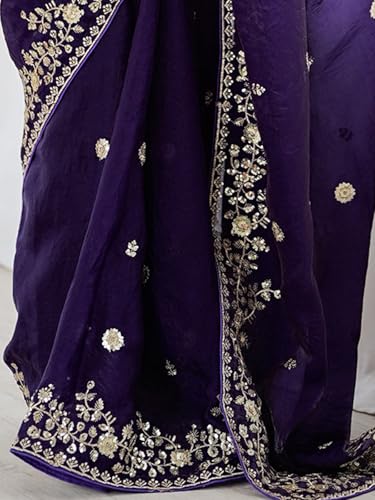 Image of Satrani Women's Tissue Silk Scalloped Border Sequins Embroidery Saree with Unstitched Blouse Piece