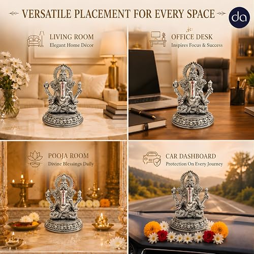 Image of Silver Plated Four-Armed Ganesh Idol - 3.5 Inch Divine Seated Ganpati Statue with Detailed Halo for Car Dashboard, Pooja Room and Mandir - Auspicious Vastu Home Decor and Spiritual Gift