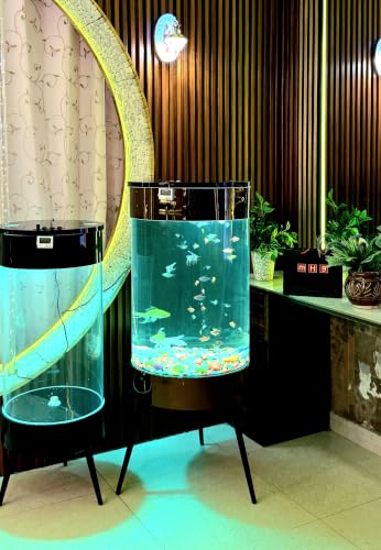 Image of MH9 100 Litre Large Smart Cylindrical Aquarium-Powerful Filter,Dual LED,Oxygen Bubble System,Water Drainage System,Switch Control,Digital Temp. Display,SS Leg Stand (42x42x114cm) Onyx Black