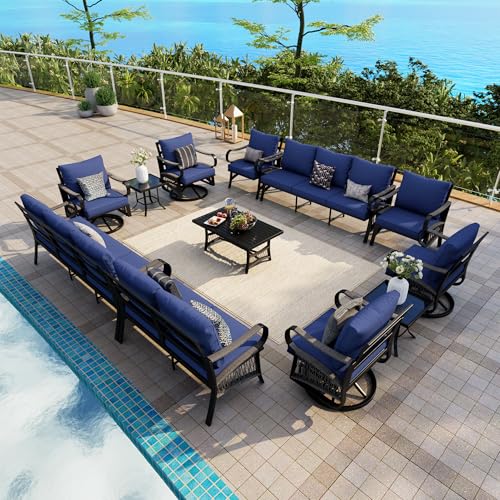 Image of 12 Pieces Patio Conversation Sets, All-Weather Metal Swivel Rocking Chairs with Rope Furniture Set, Outdoor Sofa Couch for Deck, Porch, Garden, Backyard, Poolside (Blue Cushions)