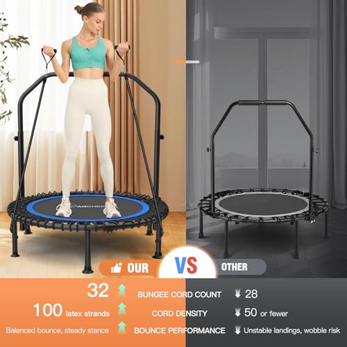 Image of ANCHEER 40 inch /48 inch Foldable Mini Trampoline,Max Load 450lbs /550lbs Indoor Trampoline,with 4 Level Adjustable Foam Handle and Resistance Bands,Adult Exercise Trampoline for Home, Garden, and Gym