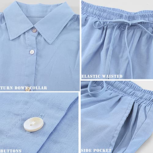 Fixmatti Women Button up Short Sets 2 Piece Outfits Button Down Shirt Shorts Sleeve Sweatsuit Blue XL