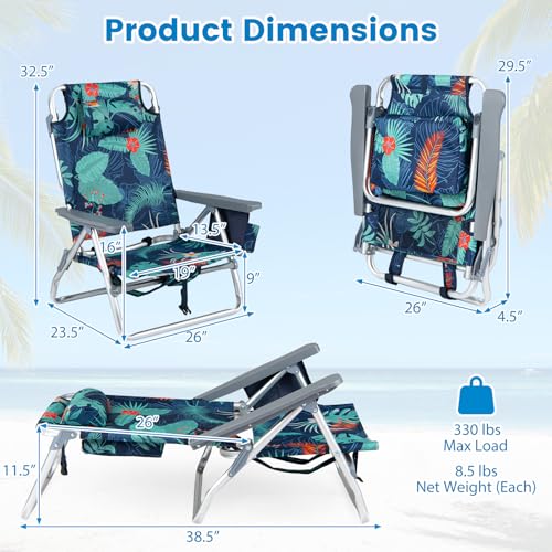 Image of Giantex Folding Beach Chair, Patio Sling Chairs with 5 Adjustable Position, Head Pillow, Storage Bag, Towel Bar, Cup Holders, Backpack Chairs for Sunbathing, Camping Chair