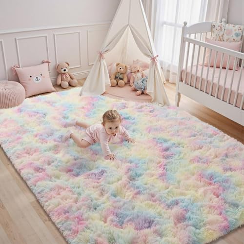 4x6 ft Fluffy Rainbow Area Rug for Bedroom Soft Fuzzy Living Room Rug Non-Slip Shag Rugs Carpet for Nursery Kids Play Room Dorm Office Indoor Modern Plush Carpets