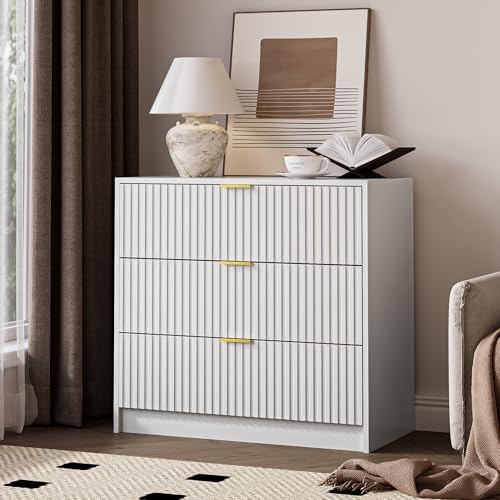 Image of MAISONARIA White Fluted Dresser for Bedroom, 32 Inch Wide Nightstand with Large Drawer, 3 Drawer End Table for Bedroom, Living Rooms, Offices, and Entryways