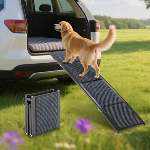Thanaddo Hunderampe Auto Klappbar, Extra Lange Hunderampe mit Rutschfester Teppich für Große Hunde bis 110 KG, Innenbereich verfügbar, Hundetreppe Outdoor für Autos SUV, LKW