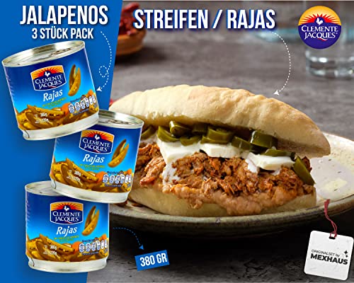Jalapenos eingelegt Chilli Schoten Streifen - (Pack von 3) je 380gr scharfe Jalapeno Streifen aus Mexiko von Clemente Jacques – Bild 4