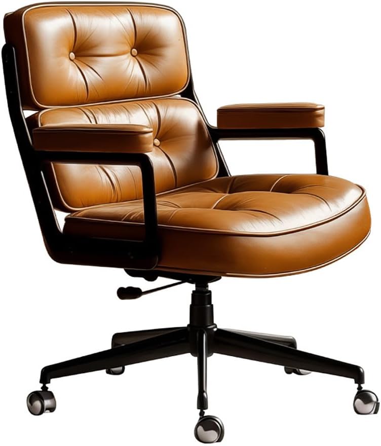 ​Leather Office Chair, Ergonomic Executive Chair Genuine Cowhide High Back Desk Chair with Adjustable Height Lumbar Support Button Tufted Manager Chair for Home Office​​ (Brown Coffee)