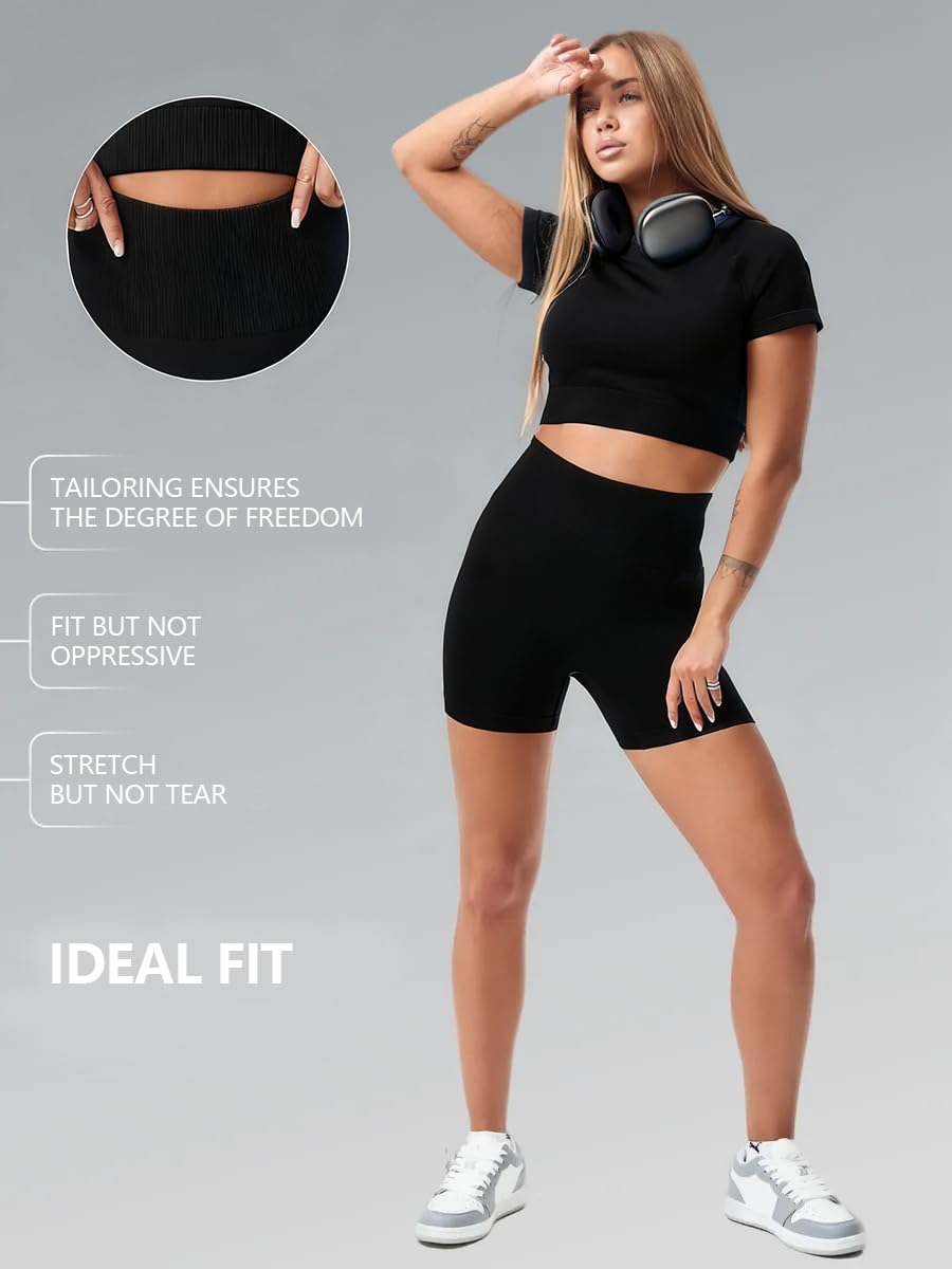 Conjuntos de Entrenamiento para Mujer Top Corto Costuras 2 Piezas Pantalones Cortos Cintura Alta Ropa Yoga Fitness Gimnasio