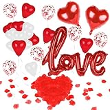 🎈【Set Deco St Valentin】 Le paquet comprend 6 ballons avec confettis 12’’, 8 ballons coeur en aluminium rouge 10’’ et 8 blanc, 2 ballons cœurs rouge géants 18’’, 1 Ballon LOVE XXL ( 108*64cm ), 1000 pétales de rose artificielles, 1 rouleau de ruban blanc et des colles à points ronds, 28PCS au total.