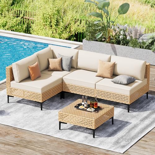 ABCASA Patio Furniture Set, 5-Piece Wicker Outdoor Patio Furniture Sets with Coffee Table,Boho Patio Conversation Set Sectional Sofa with All-Weather Cushions for Backyard,Porch,Beige