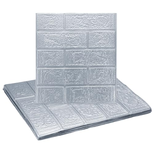 QUARKZMAN 10 pcs de Paneles de Pared con Efecto de Ladrillo 3D, Azulejos de Pared de Ladrillo Autoadhesivos, 35cm x 38.5cm Papel Tapiz de Diseño de Ladrillo Impermeable, Gris Claro