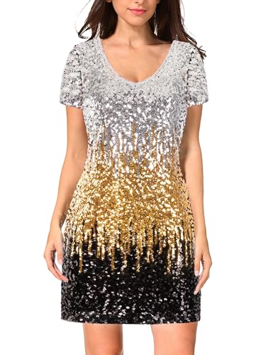MANER Women's Sequin Glitter Short Sleeve Dress Sexy V Neck Mini Party Club Bodycon Dresses
