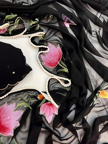 Image of Arkia Women's Hand Embroidered Hand Painted Floral Georgette Saree with Blouse, Red Georgette with Pink Tulip Design and Stone Work