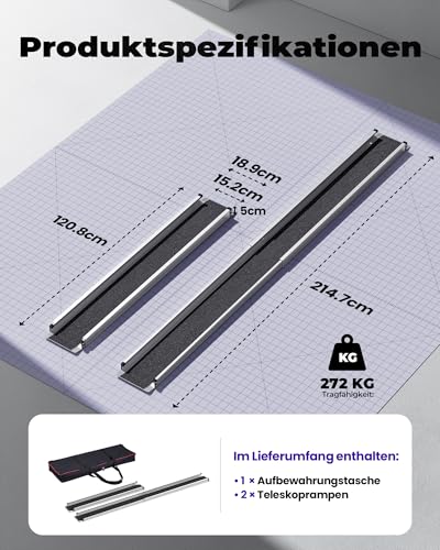 FACHNUO Teleskop Rollstuhlrampe für Rollstühle 215 cm Hochbelastbare Aluminium-Rampe (272 kg Traglast) mit Aufbewahrungstasche, extra Länge für hohe Fahrzeuge/steile Treppen, 2er-Set
