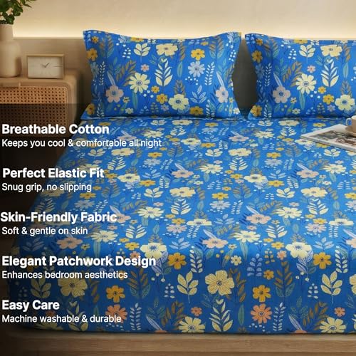 Image of VAS COLLECTIONS King Size Cotton Fitted Bedsheet (78 x 72 + 14 Inches) with Deep Pocket | 220 TC Soft Breathable Wrinkle Free Elastic Bed Sheet for King Mattress | (Blue)