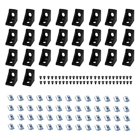 26Pcs 2020 Corner Brackets Set with 52Pcs M5 T Slot Nuts, 52Pcs M5x8mm Hex Socket Cap Screw and 2Pcs M3 Wrench for 2020 Series Aluminum Extrusion Profile Black Cover