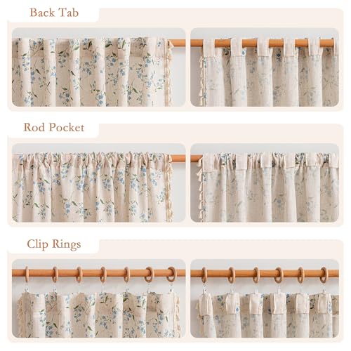 Image of MYSKY HOME Blue Floral Semi Sheer Boho Linen Curtains 63 Inch Length 2 Panels for Living Room Bedroom Light Filtering Spring Vintage Farmhouse French Tassels Back Tab Drapes, 50 inch Wide, 2 Panels