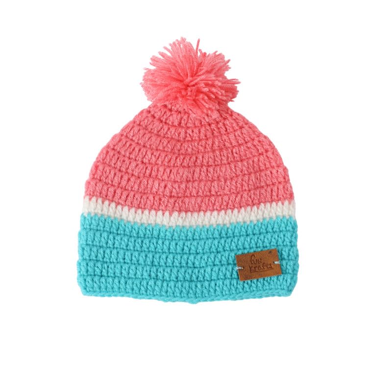 Image of Handmade Knitted Self Design Woolen Beanie Cap for Kids - White & Red 6-12 M | Winter Cap for Baby | FUNCAP56-6-12 M