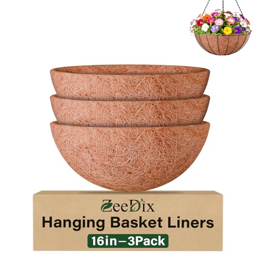 ZeeDix 16 Inch Coco Liners for Hanging Baskets 3 Pack Round Coco Liner 100% Natural Coco Fiber Coconut Liners for Planters Flowers Vegetables