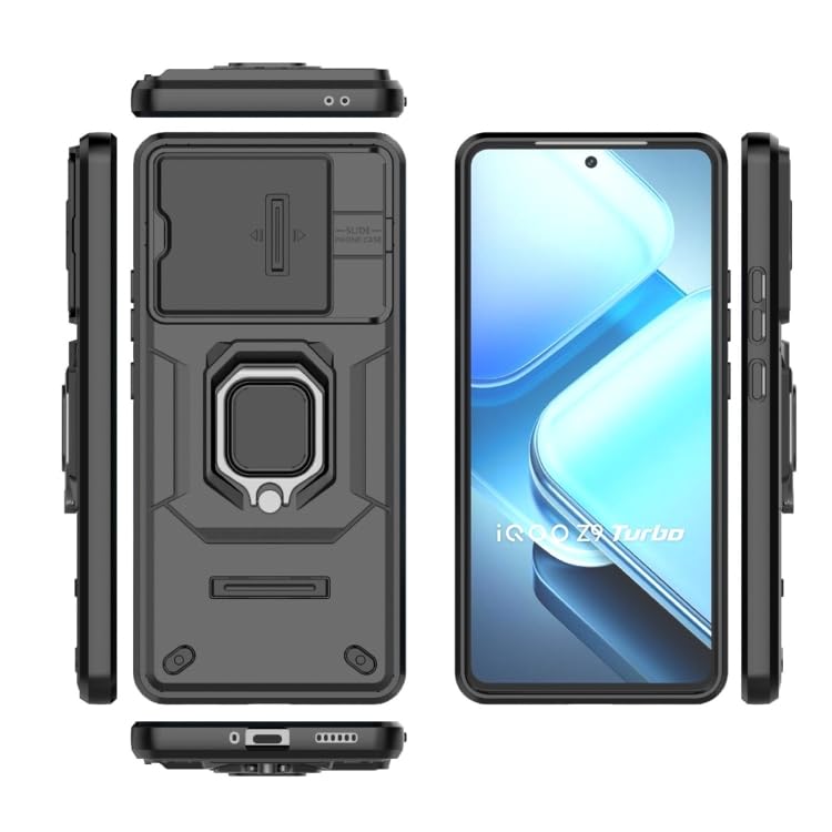 Image of Polycarbonate Back Cover For Sliding Lens Cover And Rotating Holder Anti-Fall Case With Magnetic Car Holder Back Cover For iQOO Neo 10R -Black