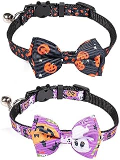 LUTER 2 Pack Halloween Cat Collar Breakaway with Removable Bow Tie with Bell Adjustable Halloween Cat Kitten Accessories Decor (Black, Purple)