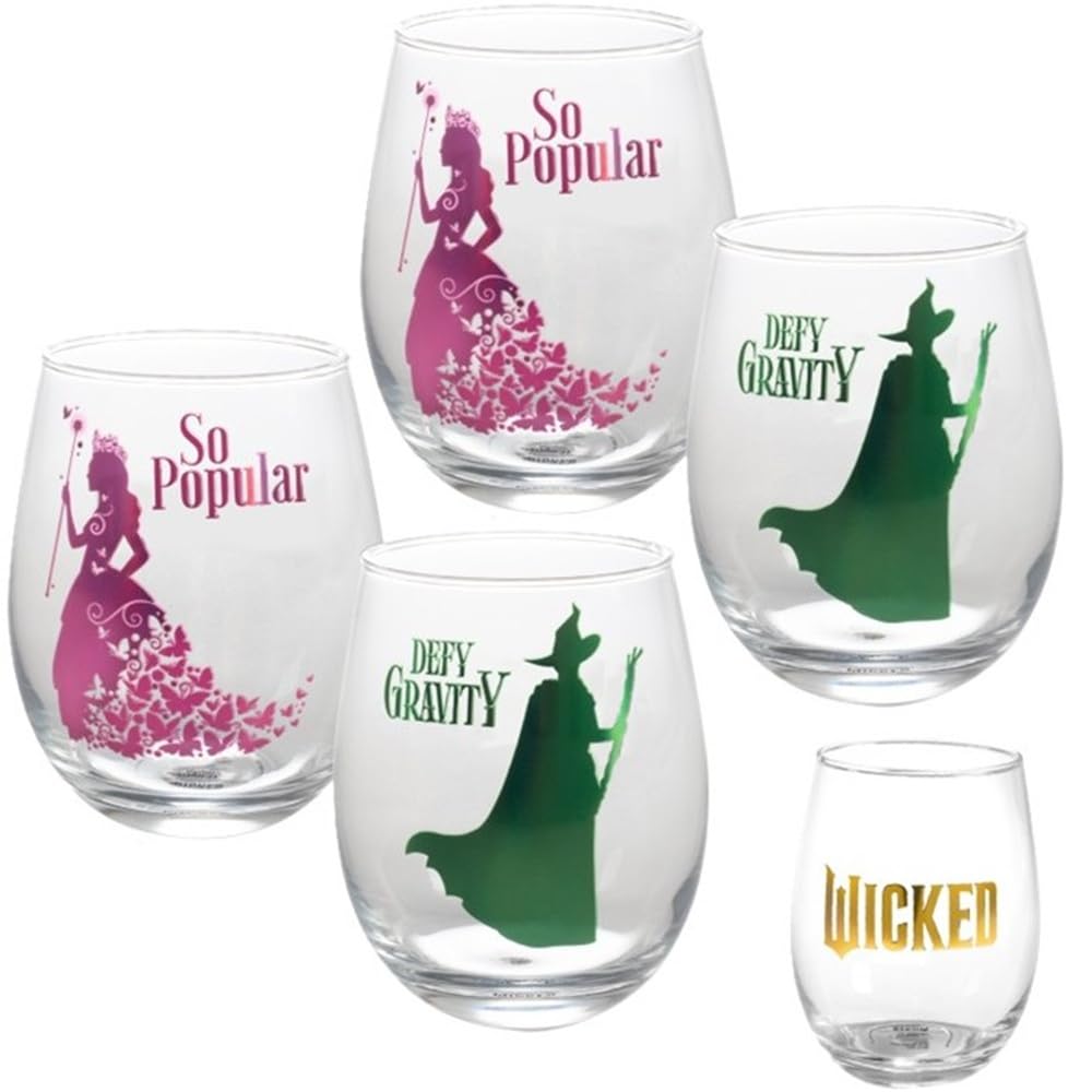 SCS Direct Wicked For Good Stemless Wine Glasses Set of 4, 18oz - Officially Licensed Movie Merchandise - Glinda Popular & Elphaba Defy Gravity