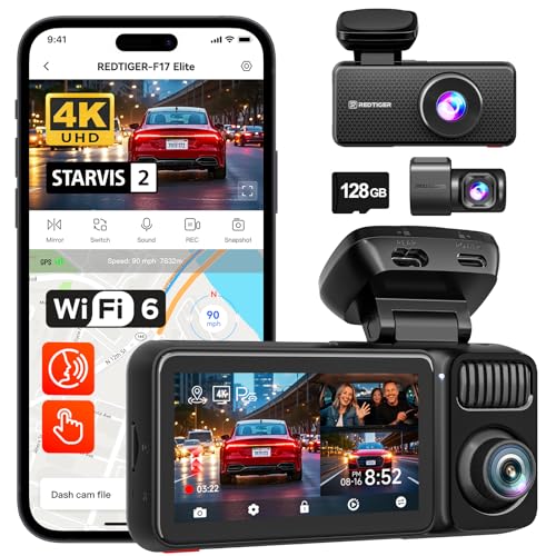 REDTIGER F17 Elite 4K 3 Kanal Dashcam Auto, STARVIS 2 IMX678 & IMX 675, 128GB Karte, Full Night Color, 4K+2.5K+1080P Vorne und Hinten Innen, Sprachsteuerung, 5GHz WiFi 6, GPS, HDR, Parkmodus