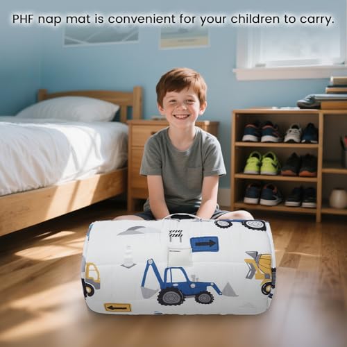 PHF Toddler Nap Mat with Removable Pillow and Minky Fleece Blanket, Rollup Design Warm Slumber Bags for Boys, 52"x20" Kids Sleeping Bag for Daycare Preschool Travel Camping, Truck and Digger - Thumbnail 2