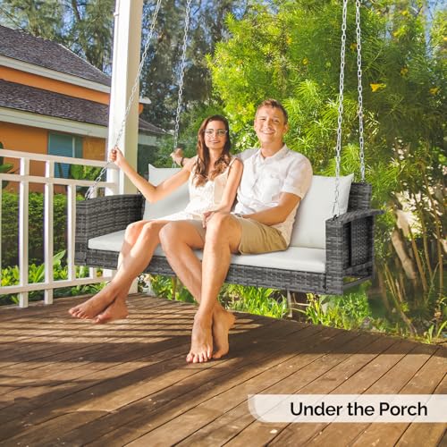 Image of VINGLI 5FT Wicker Swing, Rattan Porch Swing, Outdoor Hanging Seat, Grey