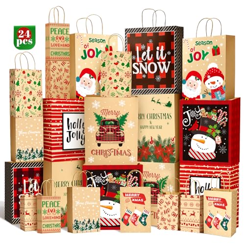 Christmas Gift Paper Bags Assorted Sizes, 24 Pack Holiday Paper Bags with Handles, 12 Assorted Designs in 4 Sizes – Reusable Gift Bag for Christmas Presents, Holiday Parties, Family, Kids & Office Use (Yellow)