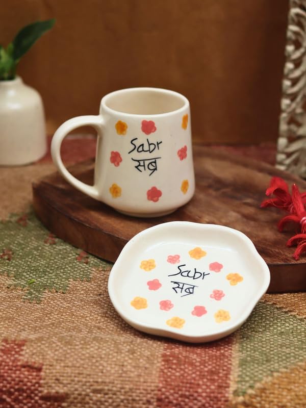 Image of WEAVING HOMES Handcrafted Ceramic Mug & Dessert Plate to Gift to Best Friend and Love Microwave Safe sabr Mug & Dessert Plate (Set of 2, Multicolor)