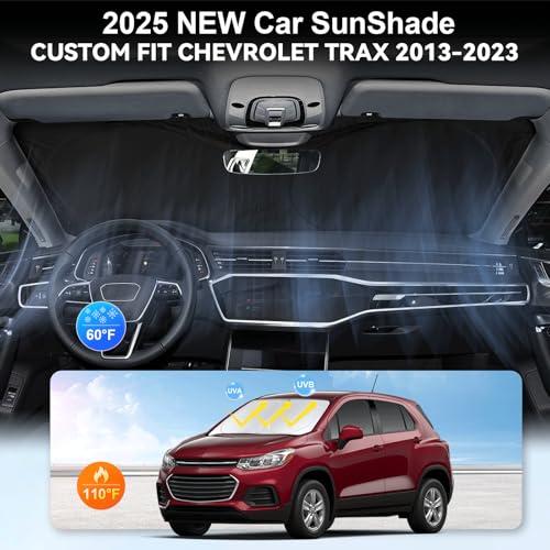 Sunshade for Trax Windshield Sun Shade for 2013-2023 2024 2025 Chevy Chevrolet Trax LS/1RS/LT/2RS/ACTIV SUV Accessories, Front Window Foldable 2 Layers Sun Visor Protector Cover Block UV Rays Heat