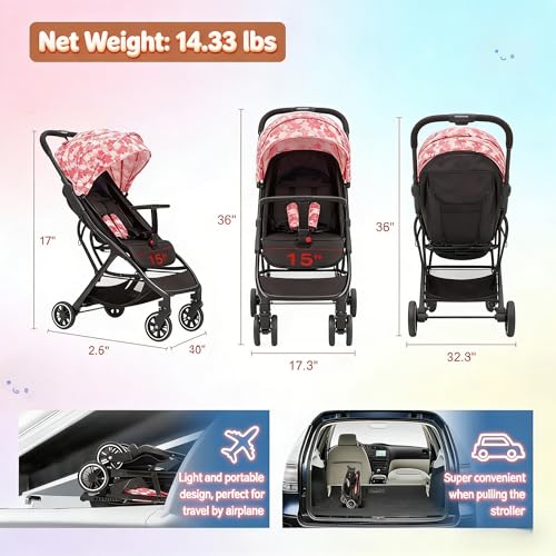 Image of Cool Kids Lightweight Travel Stroller, Auto Fold Reversible Buggy Pink | Looking for a reversible toddler stroller? Drag this pink auto-fold buggy like rolling luggage through airport security.