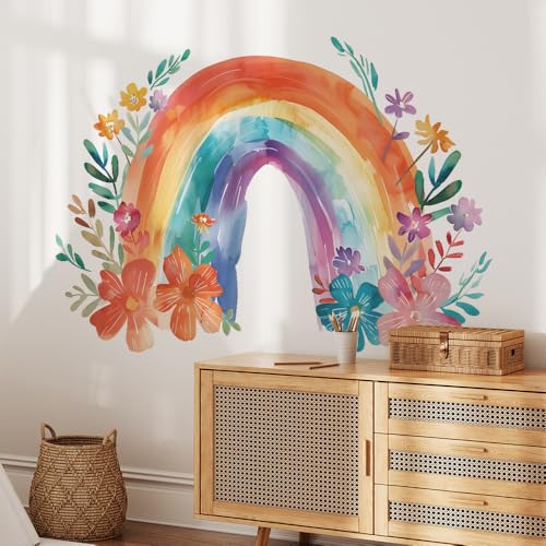 Piduckg Large Watercolor Rainbow Wall Decals, Flower Wall Decals Colorful Magic Peel and Stick Wallpaper Removable Arch Wall Stickers Art Murals for Girls Bedroom Living Room