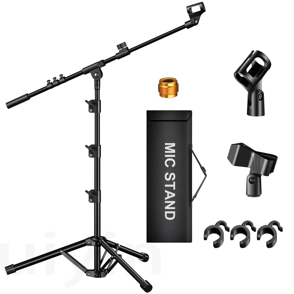 Support de micro, trépied avec perche réglable en hauteur, robuste avec sac de transport, 2 clips de micro de 0,95 cm à 1,6 cm, adaptateur pour baladodiffusion chantante pour Blue Yeti Shure
