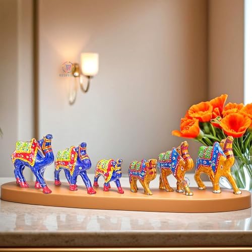 Hand-Painted Paper Mache Camel Set - Traditional Indian Folk Art Home Decor andift Item (Set of 6) -Old & Blue