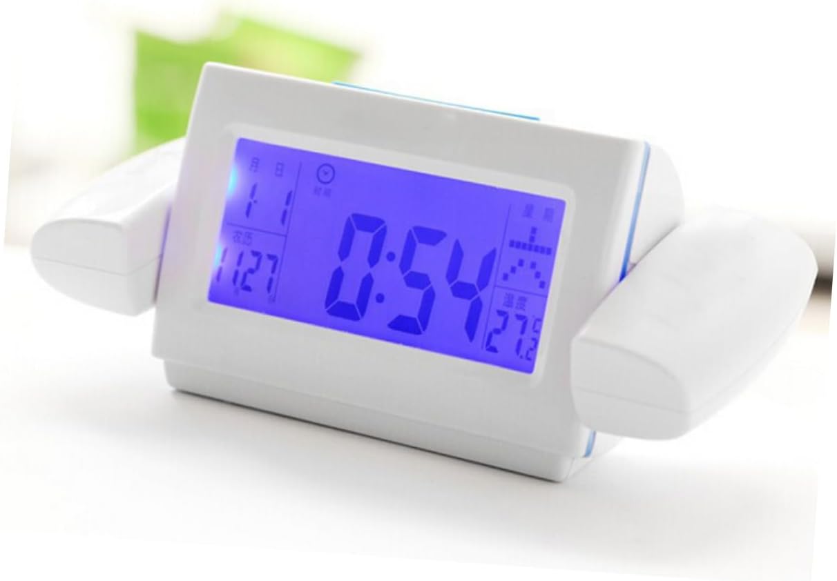 iplusmile Sound Control Projection Alarm Clock Dual Rotating Lens with Snooze LED Backlight Date Temperature Battery Powered for Bedroom White Blue