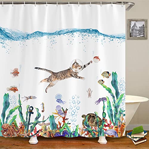 Funny Cat Fabric Shower Curtain for Bathroom, Ocean Animal Octopus