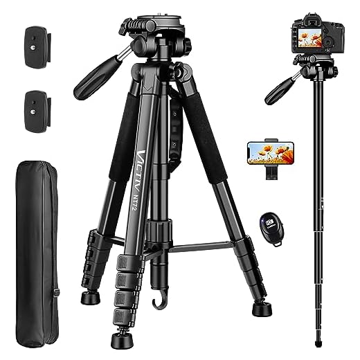 Victiv 72-inch Camera Tripod Aluminum Monopod T72 Max. Height 182 cm - Lightweight and Compact for Travel with 3-Way Swivel Head and 2 Quick Release Plates for Canon Nikon DSLR Video Shooting - Black