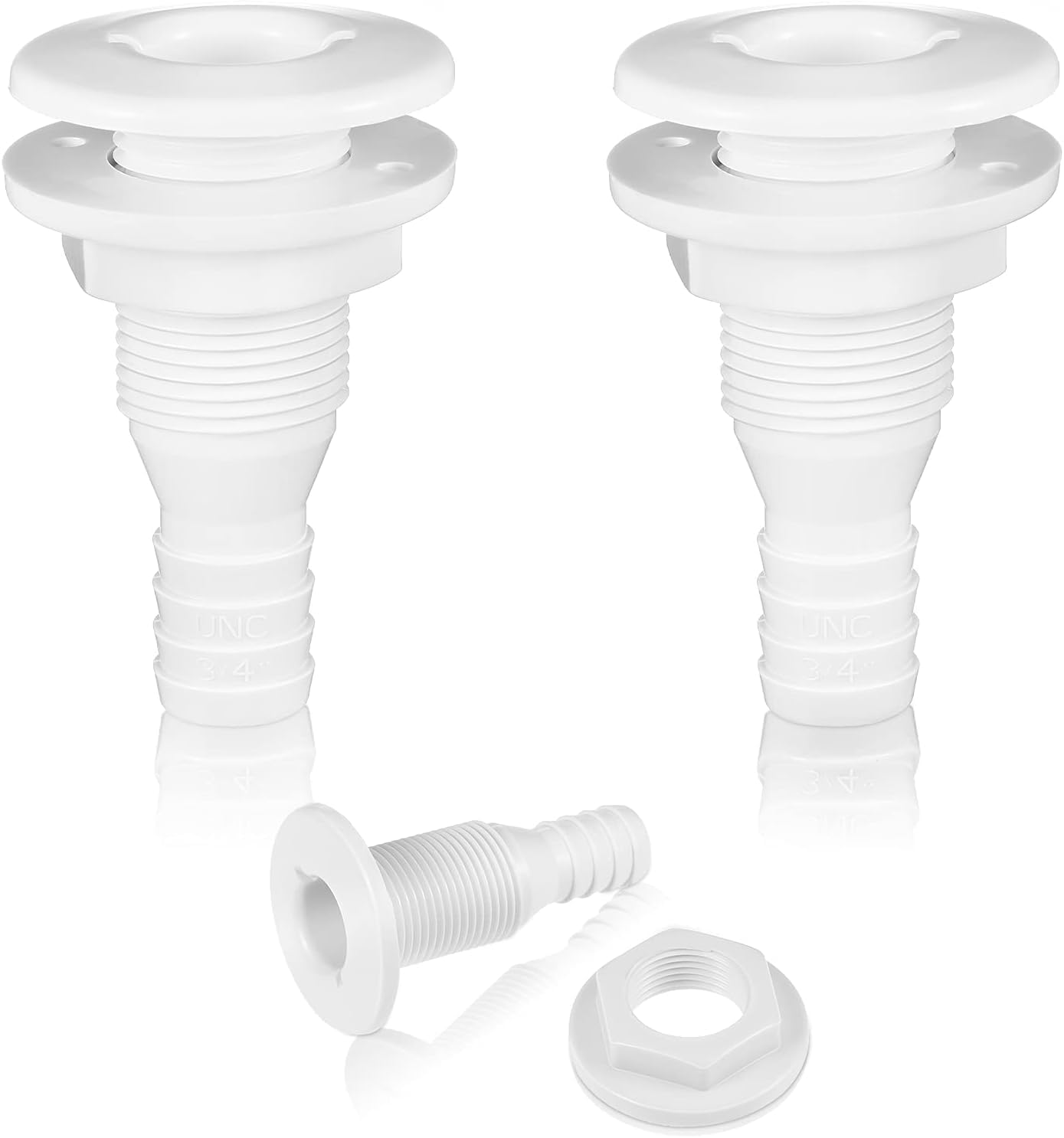 Plastic Thru Hull Fittings, Straight Thru-Hull Connectors, Boat Drain Fittings, Hose Adapters for Bilge Pump, Vent, Drain Hose on Boat, Yacht, RV, and Truck, Marine Grade (2 Piece, White)
