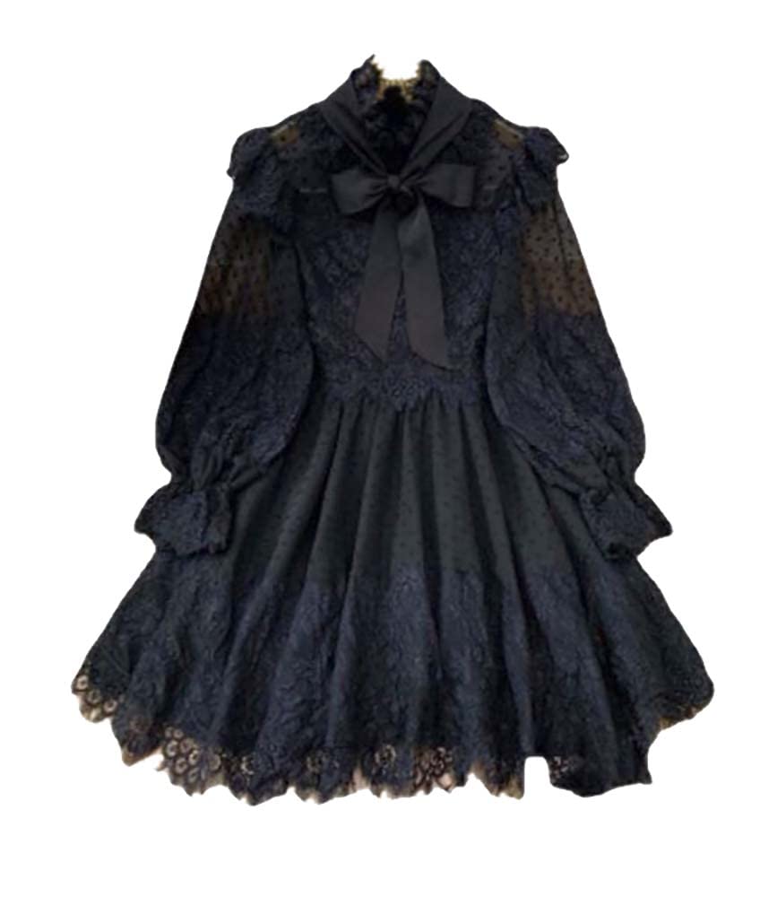 Nite closet Black Lolita Dresses Long Sleeve Gothic Lace Dress Bowknot Classic