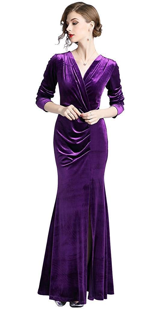XINUO Women Dresses Elegant Vintage Velvet Bodycon Slit Long Sleeve Formal Evening Maxi Dress Slim Gown Cocktail Club