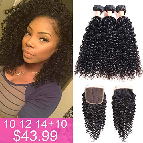 Levergreen clips in afro curly hair and hair bundles with closure (10 12 14+10, black)