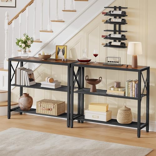 Image of Hoctieon Set of 2 Industrial Console Table, 3 Tier Entryway Table, Metal Frame, Sofa Table with Shelf, Hallway Table, Entrance Table for Entryway, Living Room, Foyer, Hallway, Rustic Brown&Black