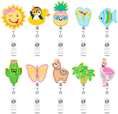 10 Pcs Summer Badge Reels Nurses Felt Embroidered Retractable Badge Reel Holder with Alligator Clip Flamingo Hawaii Flip Flops Palm Tree Pineapple Alpaca Cactus Badge Reel for Nurse (Animal Plant)
