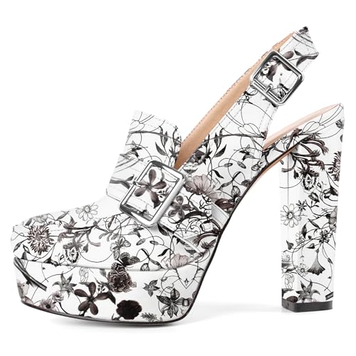 Image of Women's High Heel Loafers Platform Pumps Round Toe Heels Chunky Heel Pumps Stylish Comfortable 4.8 Inch Slingback Heels