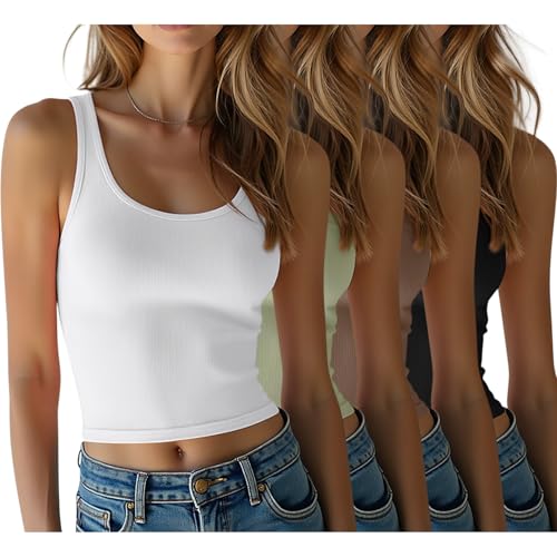 4 Pack Tank Tops for Women,Scoop Neck Sleeveless Crop Top Cotton Basic Cropped Going Out Athletic Sports Gym Shirts for Women