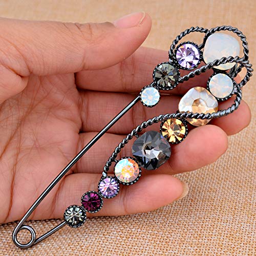 Fenni Jewelry 4.1" Vintage Rhinestone Crystal Flower Large Safety Pins Brooch Cardigan Scarf Sweater (Black-Champagne) #TOP1